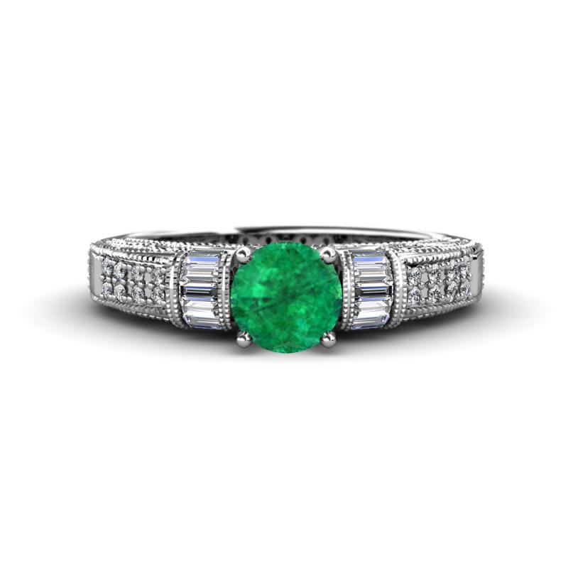 Amya Desire Round Emerald with Round and Baguette Diamond Engagement Ring 