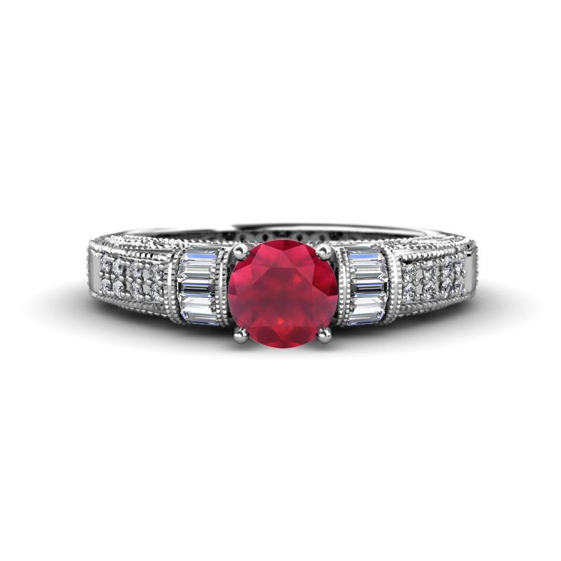 Amya Desire Round Ruby with Round and Baguette Diamond Engagement Ring 