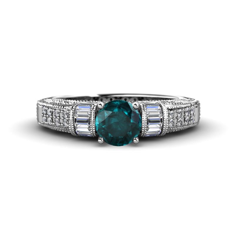 Amya Desire Round London Blue Topaz with Round and Baguette Diamond Engagement Ring 