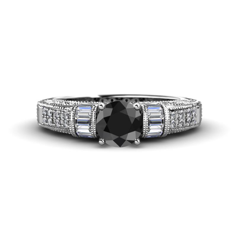 Amya Desire Round Black Diamond with Round and Baguette White Diamond Engagement Ring 