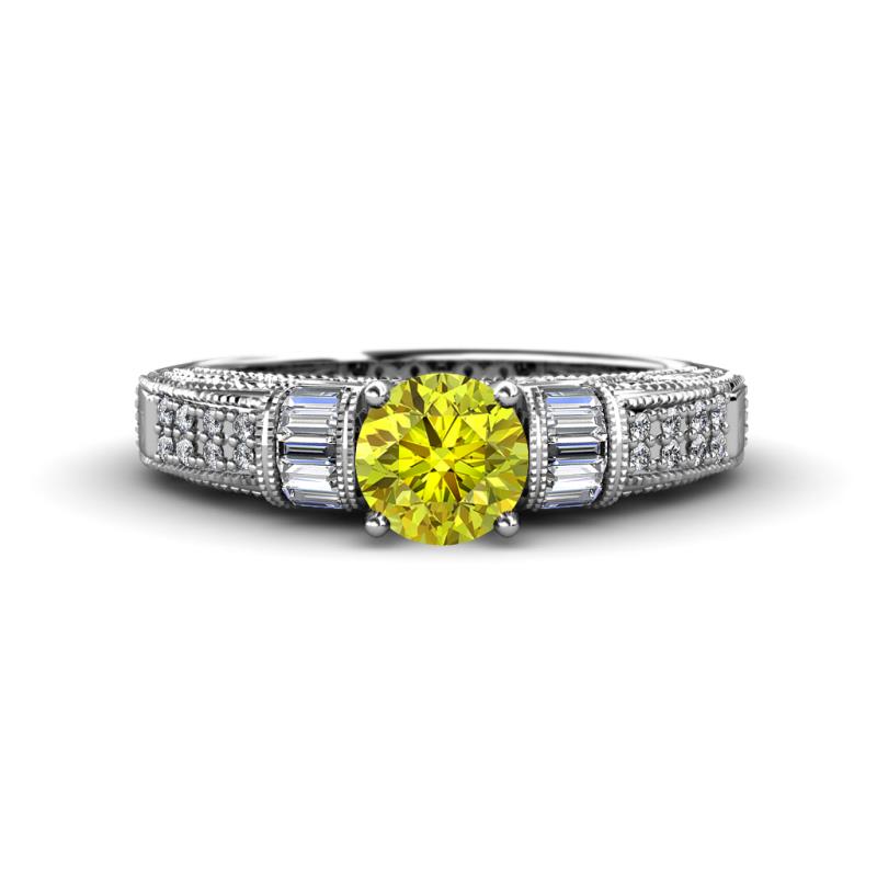 Amya Desire Round Yellow Diamond with Round and Baguette White Diamond Engagement Ring 