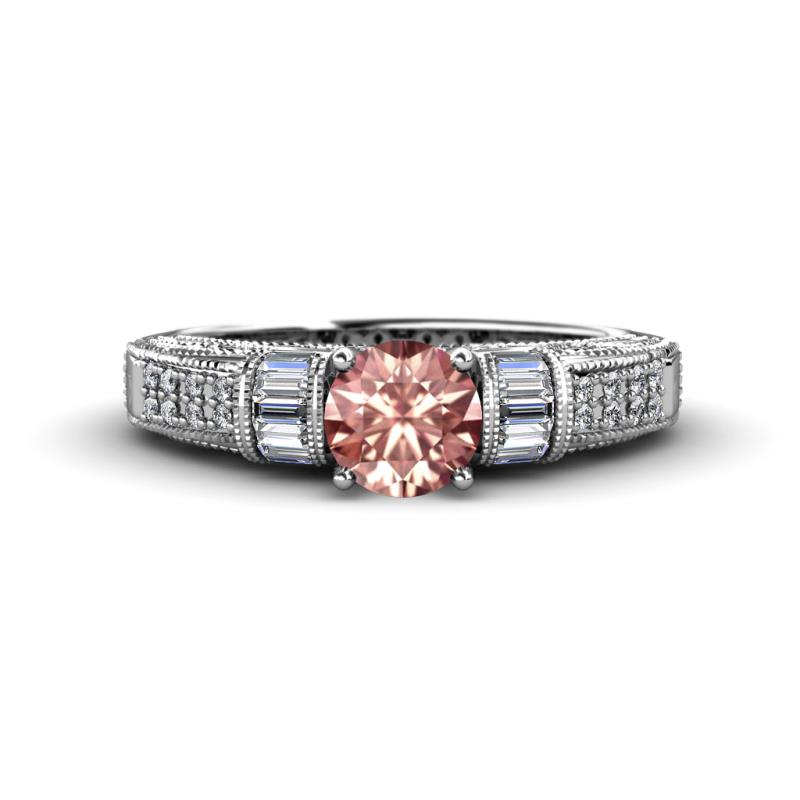 Amya Desire Round Morganite with Round and Baguette Diamond Engagement Ring 