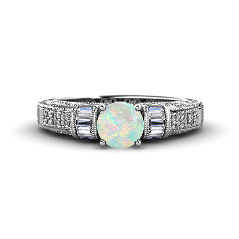 Amya Desire Round Opal with Round and Baguette Diamond Engagement Ring 