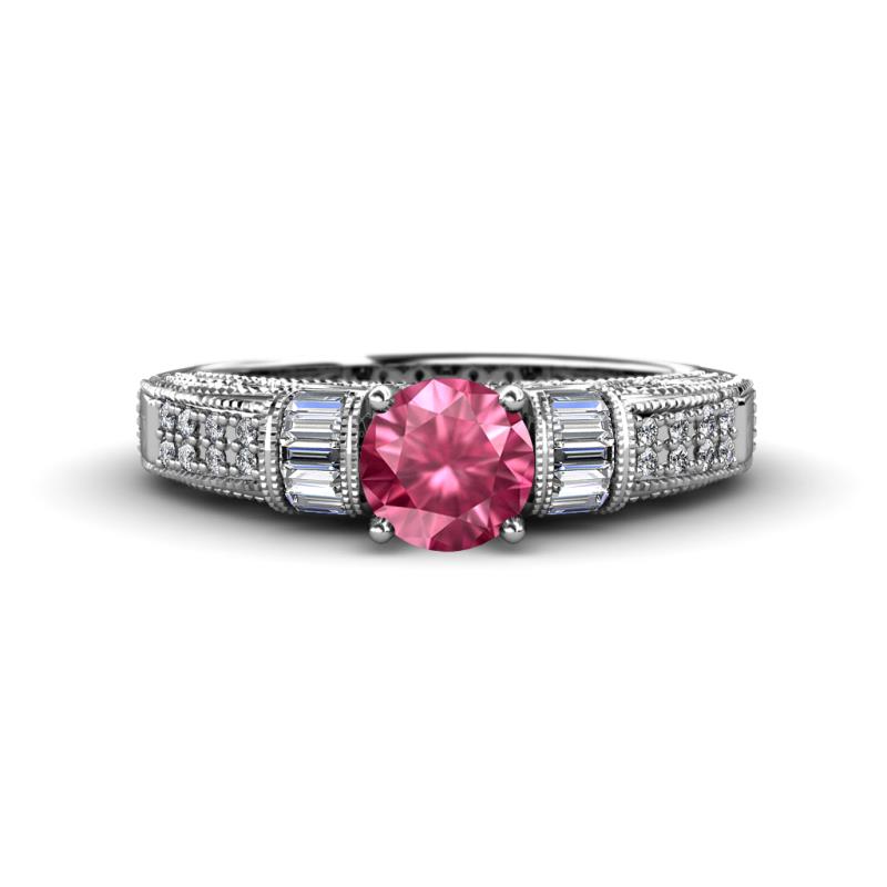 Amya Desire Round Pink Tourmaline with Round and Baguette Diamond Engagement Ring 