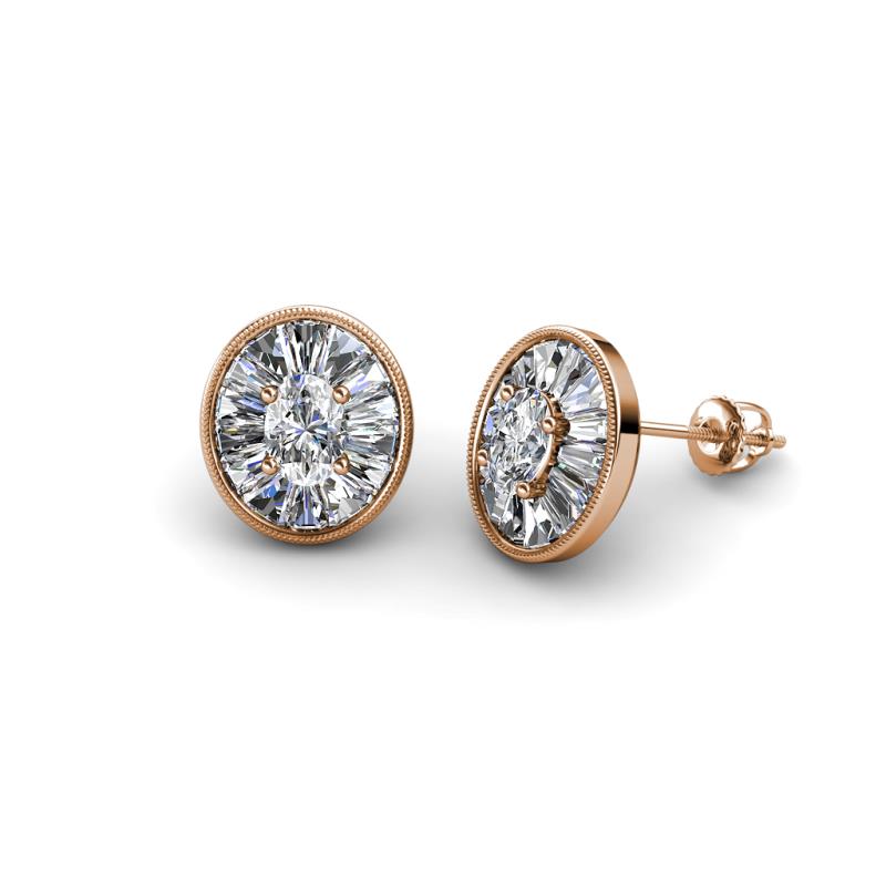 Dahlia Iris Oval Cut and Baguette Diamond Milgrain Halo Stud Earrings 