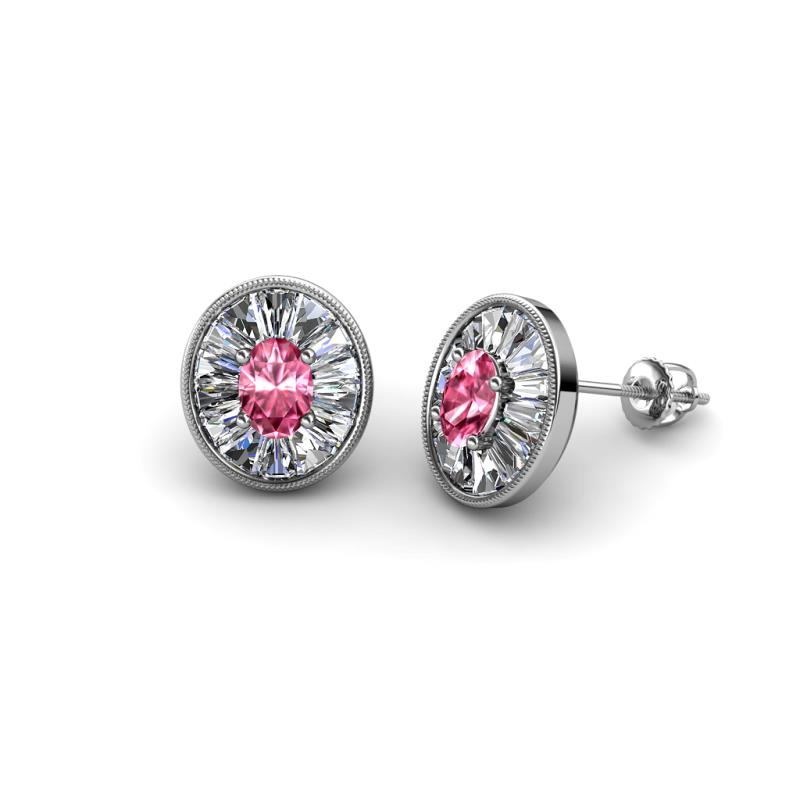 Dahlia Iris Oval Cut Pink Tourmaline and Baguette Diamond Milgrain Halo Stud Earrings 