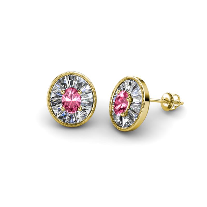 Dahlia Iris Oval Cut Pink Tourmaline and Baguette Diamond Milgrain Halo Stud Earrings 