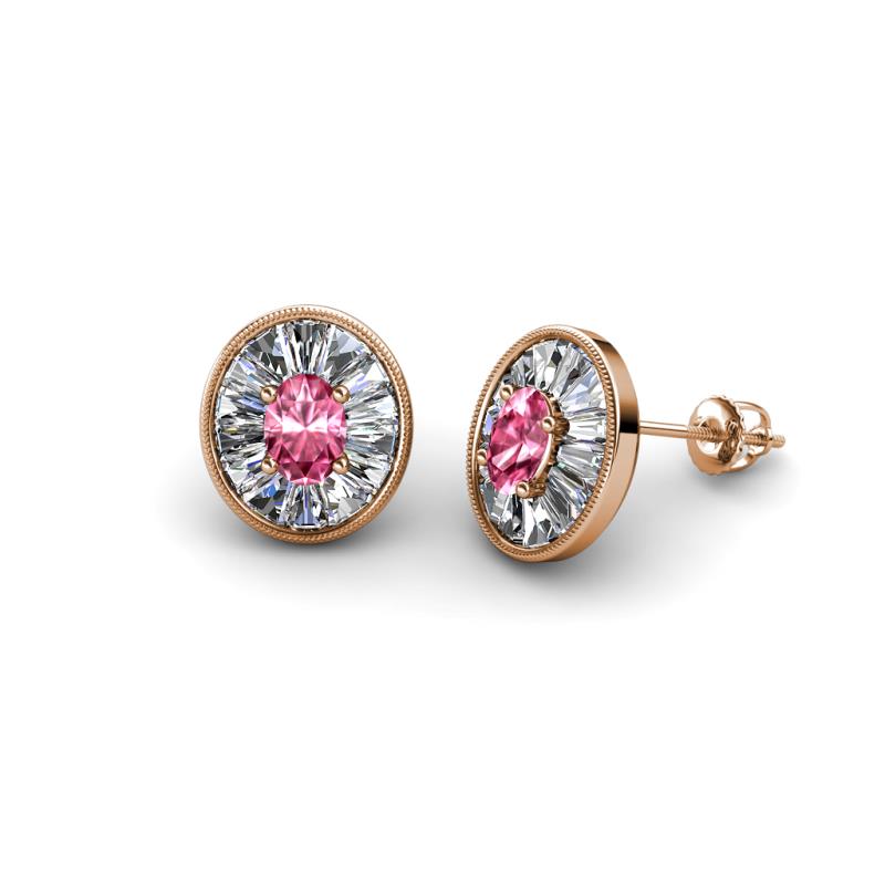 Dahlia Iris Oval Cut Pink Tourmaline and Baguette Diamond Milgrain Halo Stud Earrings 