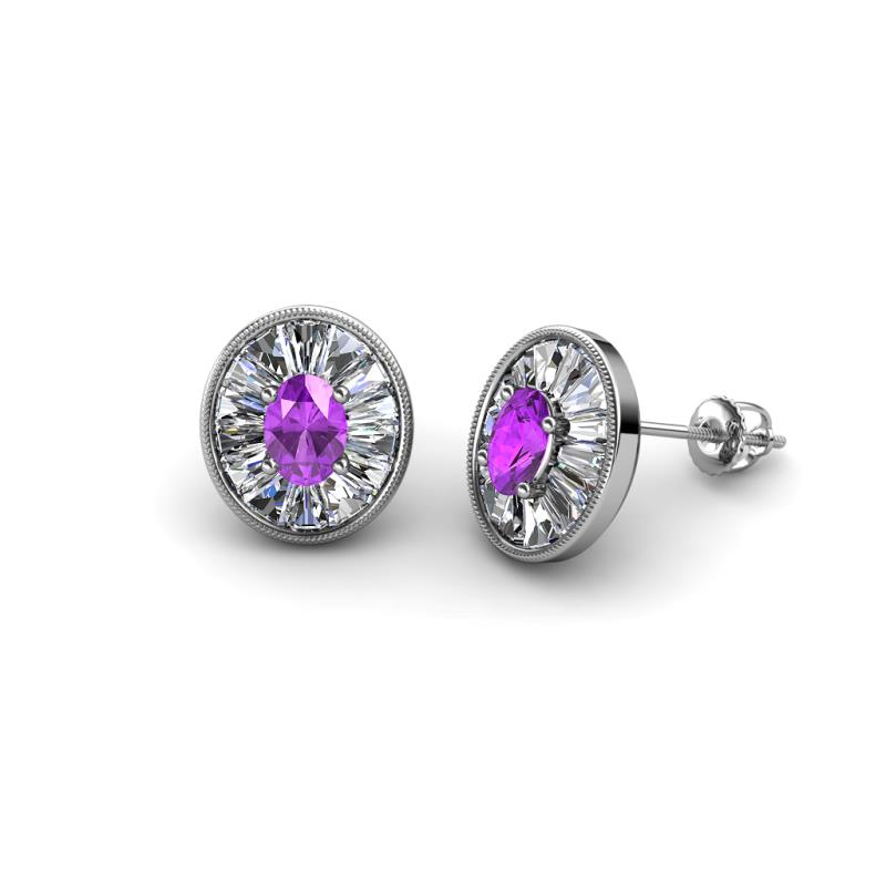 Dahlia Iris Oval Cut Amethyst and Baguette Diamond Milgrain Halo Stud Earrings 