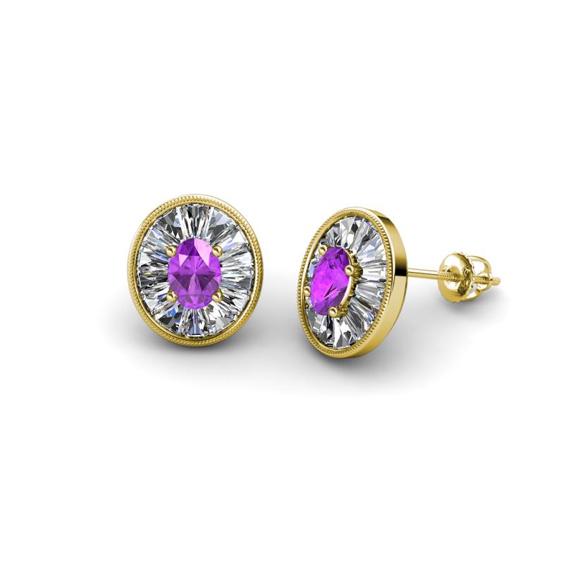 Dahlia Iris Oval Cut Amethyst and Baguette Diamond Milgrain Halo Stud Earrings 