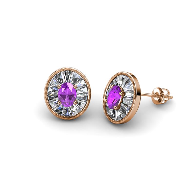 Dahlia Iris Oval Cut Amethyst and Baguette Diamond Milgrain Halo Stud Earrings 