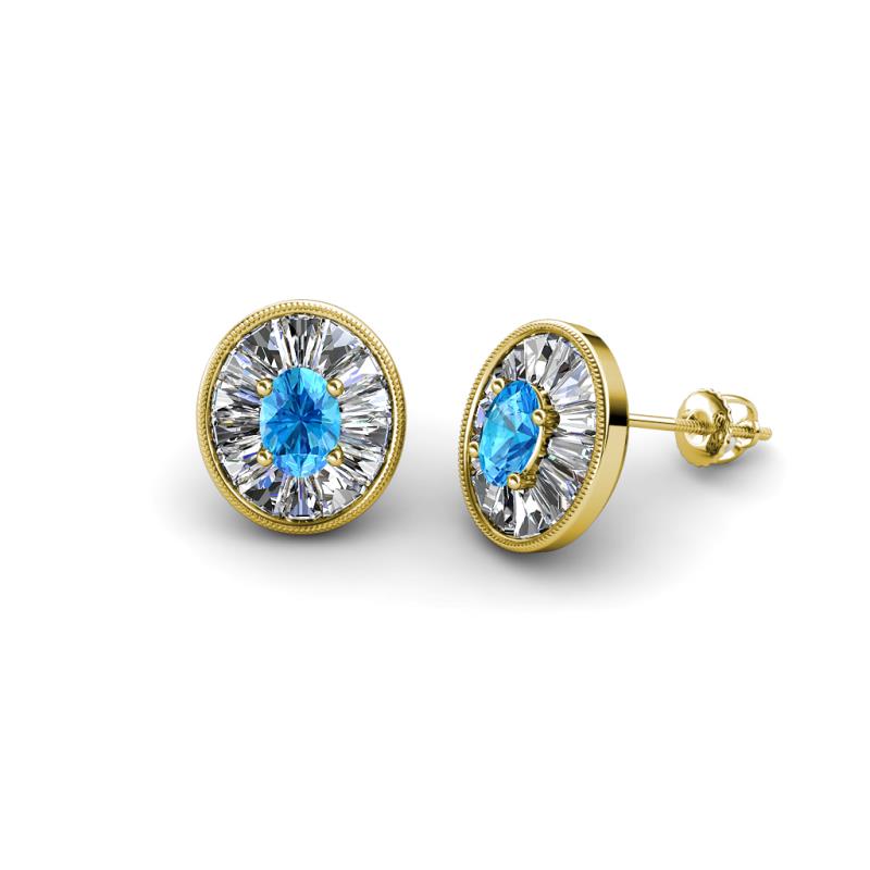 Dahlia Iris Oval Cut Blue Topaz and Baguette Diamond Milgrain Halo Stud Earrings 