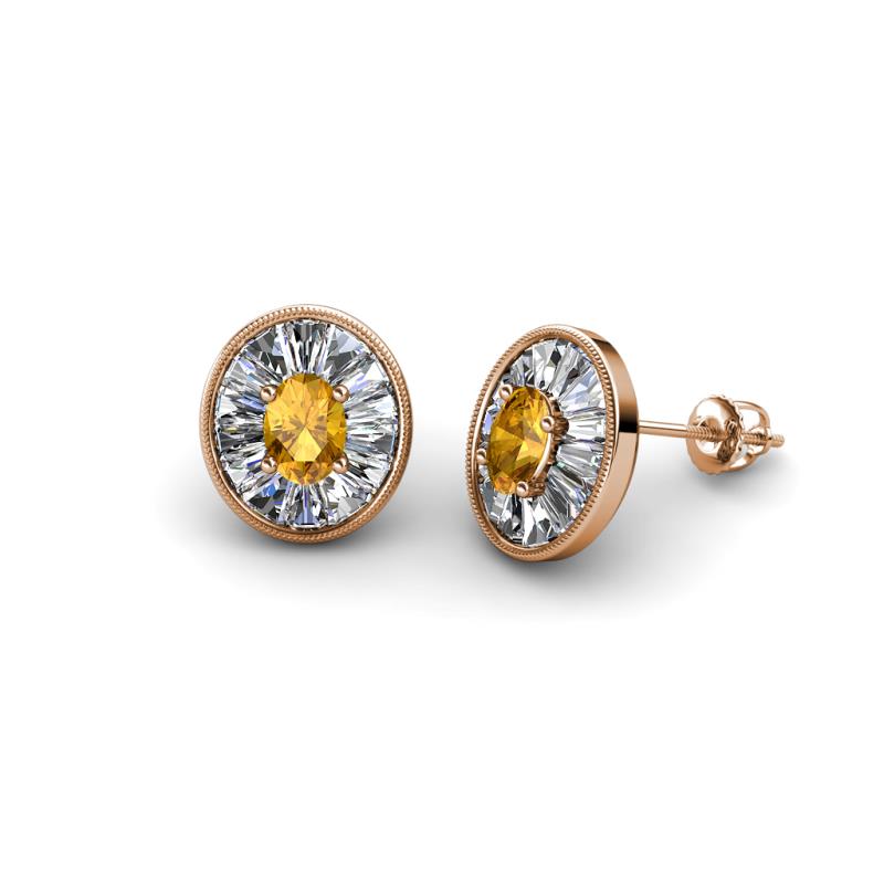 Dahlia Iris Oval Cut Citrine and Baguette Diamond Milgrain Halo Stud Earrings 