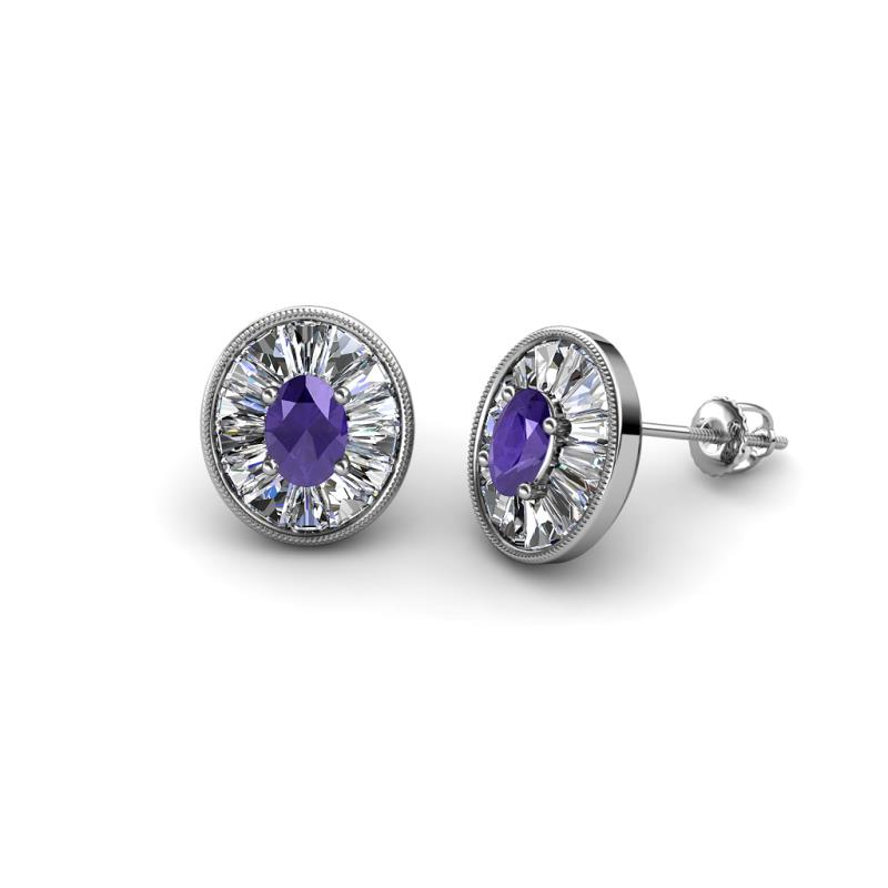 Dahlia Iris Oval Cut Iolite and Baguette Diamond Milgrain Halo Stud Earrings 