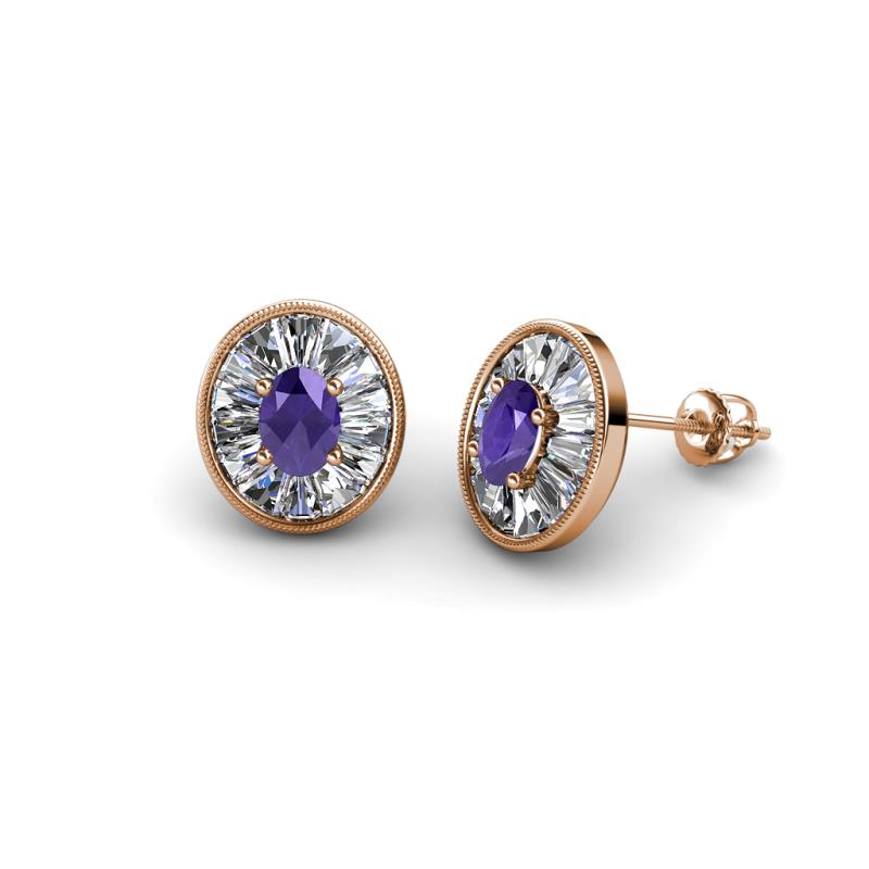 Dahlia Iris Oval Cut Iolite and Baguette Diamond Milgrain Halo Stud Earrings 