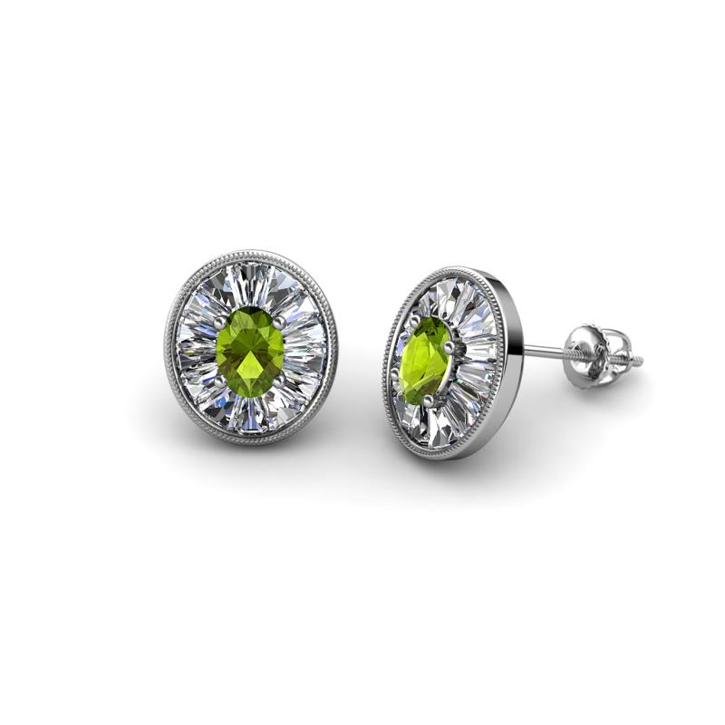 Dahlia Iris Oval Cut Peridot and Baguette Diamond Milgrain Halo Stud Earrings 