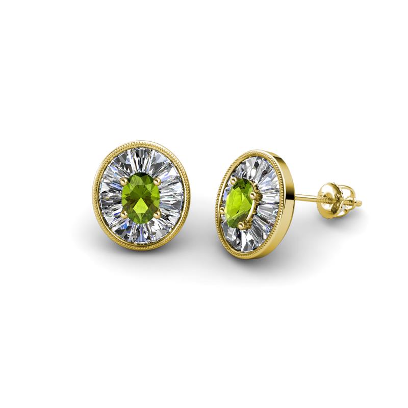 Dahlia Iris Oval Cut Peridot and Baguette Diamond Milgrain Halo Stud Earrings 