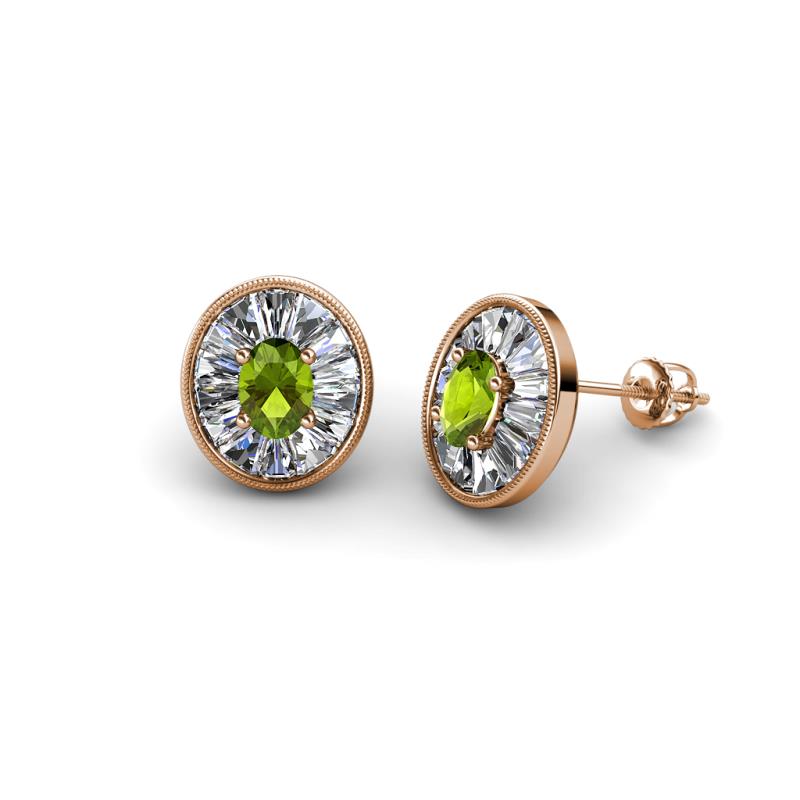 Dahlia Iris Oval Cut Peridot and Baguette Diamond Milgrain Halo Stud Earrings 