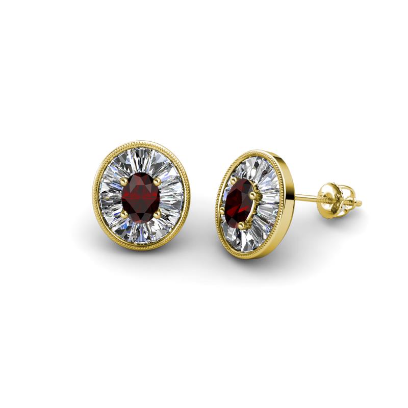 Dahlia Iris Oval Cut Red Garnet and Baguette Diamond Milgrain Halo Stud Earrings 