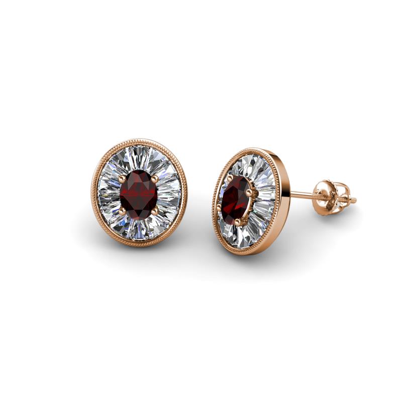 Dahlia Iris Oval Cut Red Garnet and Baguette Diamond Milgrain Halo Stud Earrings 
