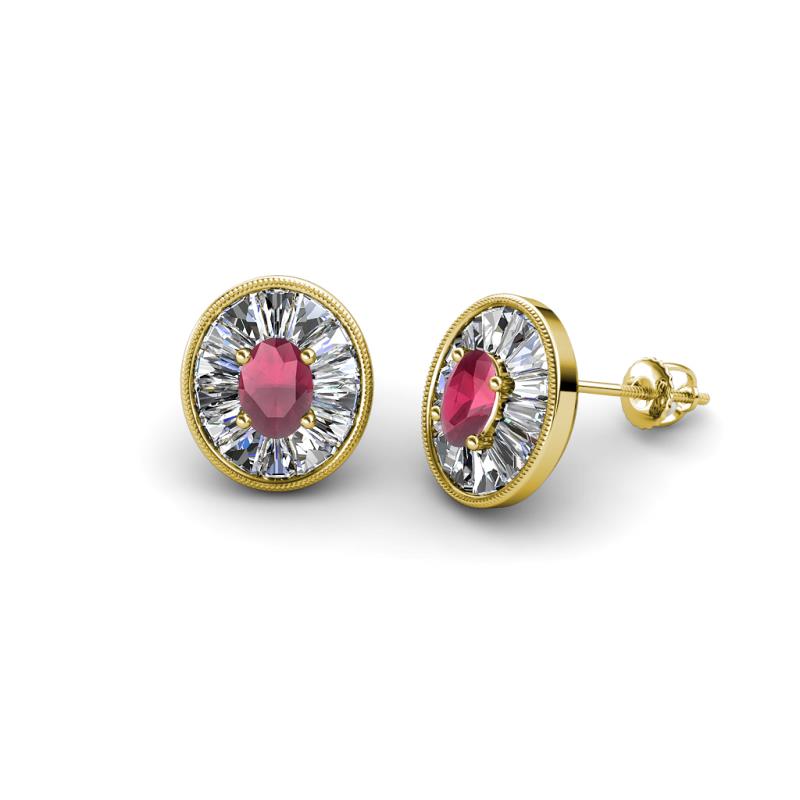 Dahlia Iris Oval Cut Rhodolite Garnet and Baguette Diamond Milgrain Halo Stud Earrings 