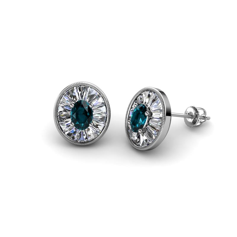 Dahlia Iris Oval Cut London Blue Topaz and Baguette Diamond Milgrain Halo Stud Earrings 