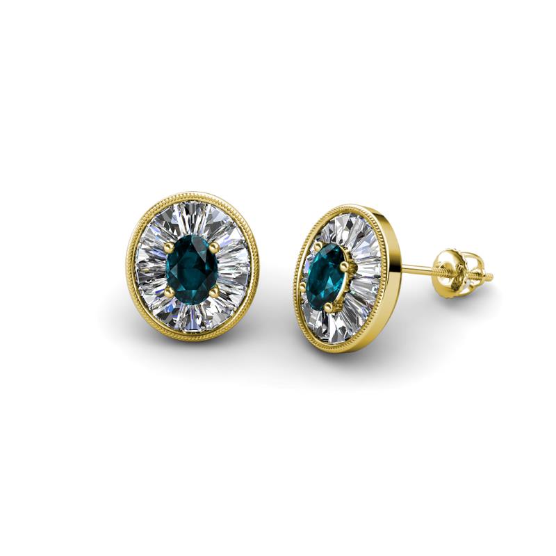Dahlia Iris Oval Cut London Blue Topaz and Baguette Diamond Milgrain Halo Stud Earrings 