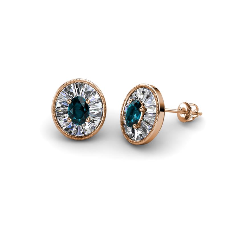 Dahlia Iris Oval Cut London Blue Topaz and Baguette Diamond Milgrain Halo Stud Earrings 