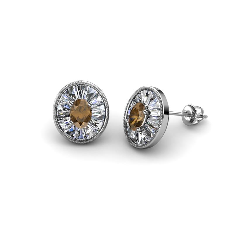 Dahlia Iris Oval Cut Smoky Quartz and Baguette Diamond Milgrain Halo Stud Earrings 