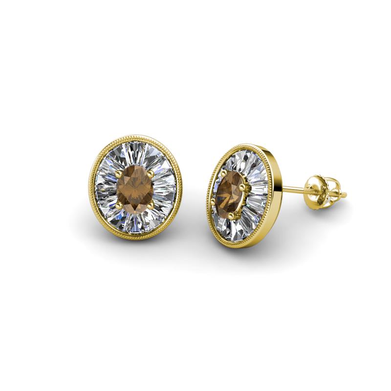 Dahlia Iris Oval Cut Smoky Quartz and Baguette Diamond Milgrain Halo Stud Earrings 