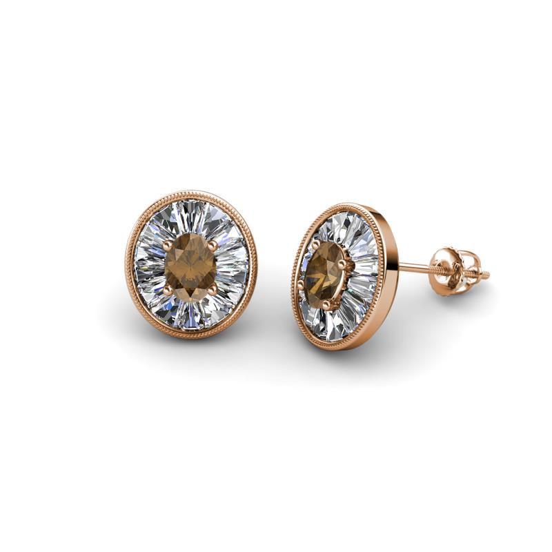 Dahlia Iris Oval Cut Smoky Quartz and Baguette Diamond Milgrain Halo Stud Earrings 
