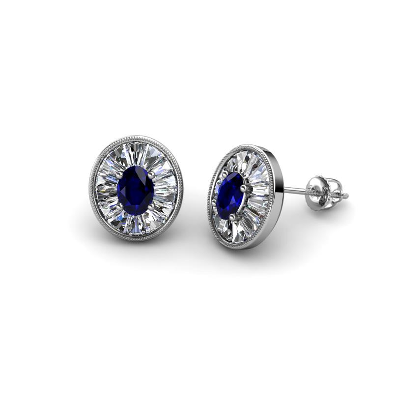 Dahlia Iris Oval Cut Blue Sapphire and Baguette Diamond Milgrain Halo Stud Earrings 