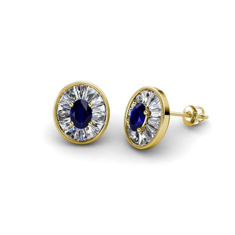 Dahlia Iris Oval Cut Blue Sapphire and Baguette Diamond Milgrain Halo Stud Earrings 