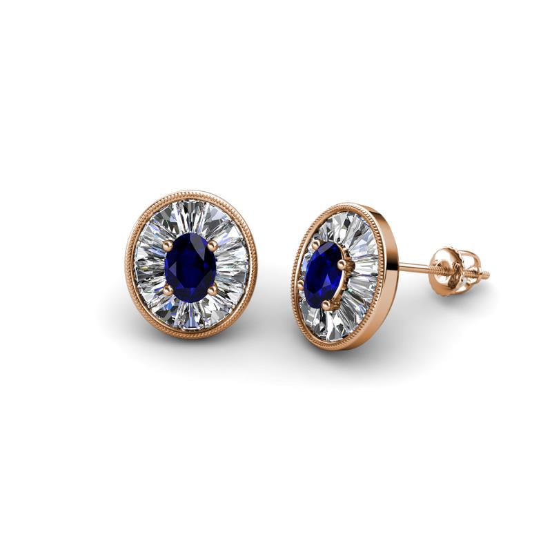 Dahlia Iris Oval Cut Blue Sapphire and Baguette Diamond Milgrain Halo Stud Earrings 