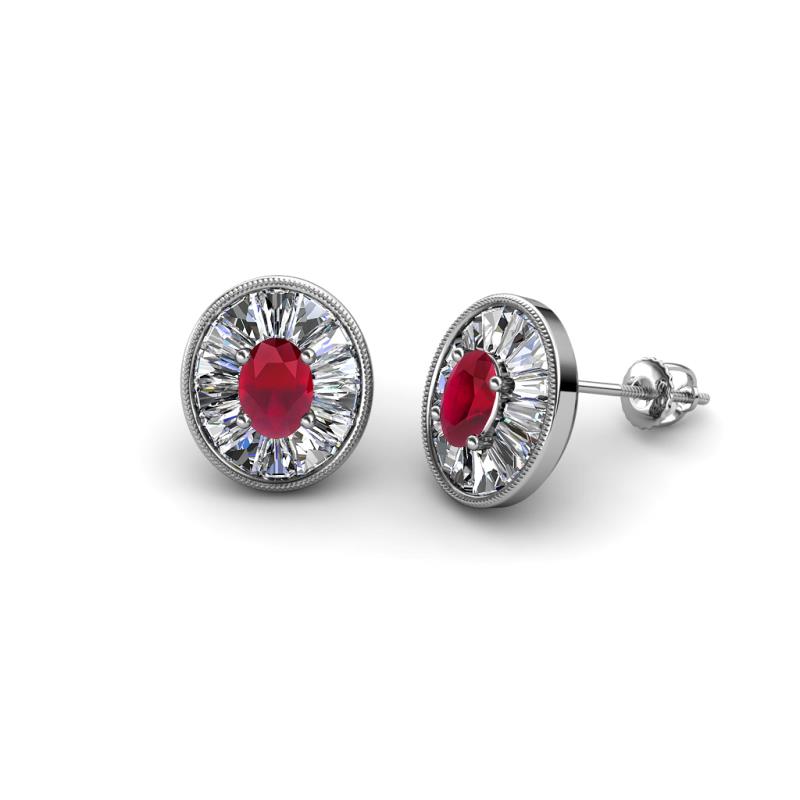 Dahlia Iris Oval Cut Ruby and Baguette Diamond Milgrain Halo Stud Earrings 