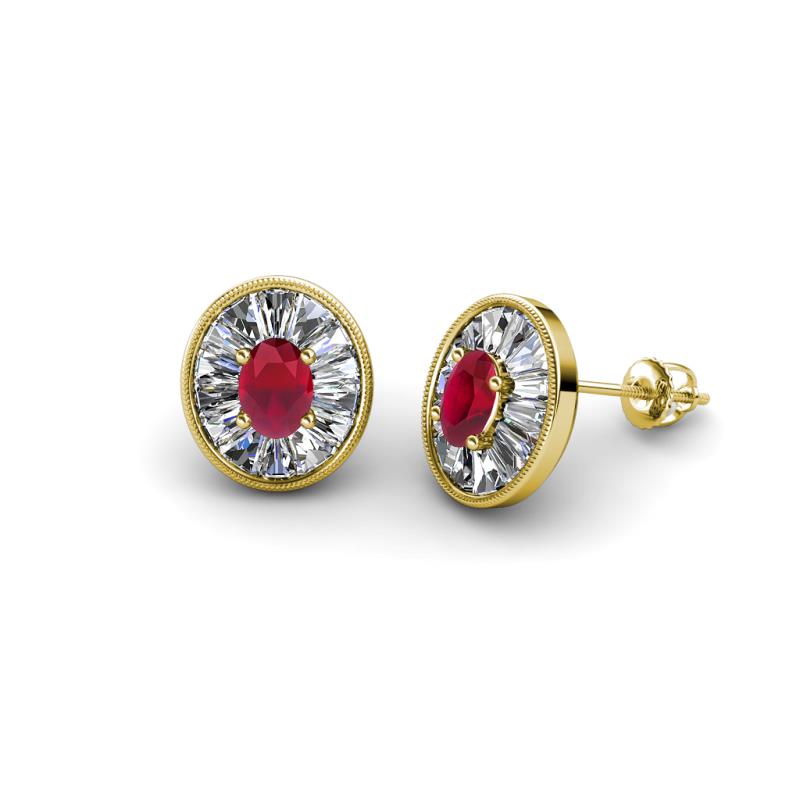 Dahlia Iris Oval Cut Ruby and Baguette Diamond Milgrain Halo Stud Earrings 