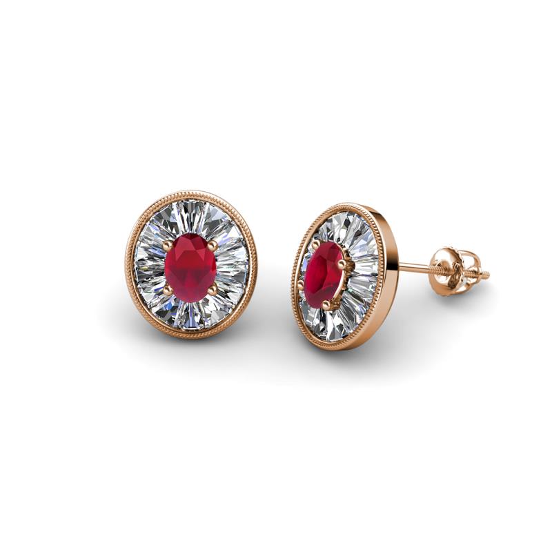Dahlia Iris Oval Cut Ruby and Baguette Diamond Milgrain Halo Stud Earrings 