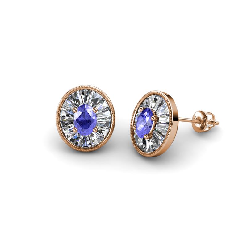 Dahlia Iris Oval Cut Tanzanite and Baguette Diamond Milgrain Halo Stud Earrings 