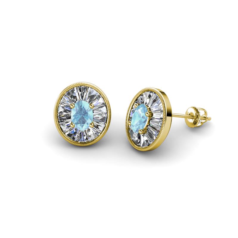 Dahlia Iris Oval Cut Aquamarine and Baguette Diamond Milgrain Halo Stud Earrings 