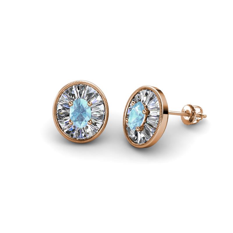 Dahlia Iris Oval Cut Aquamarine and Baguette Diamond Milgrain Halo Stud Earrings 