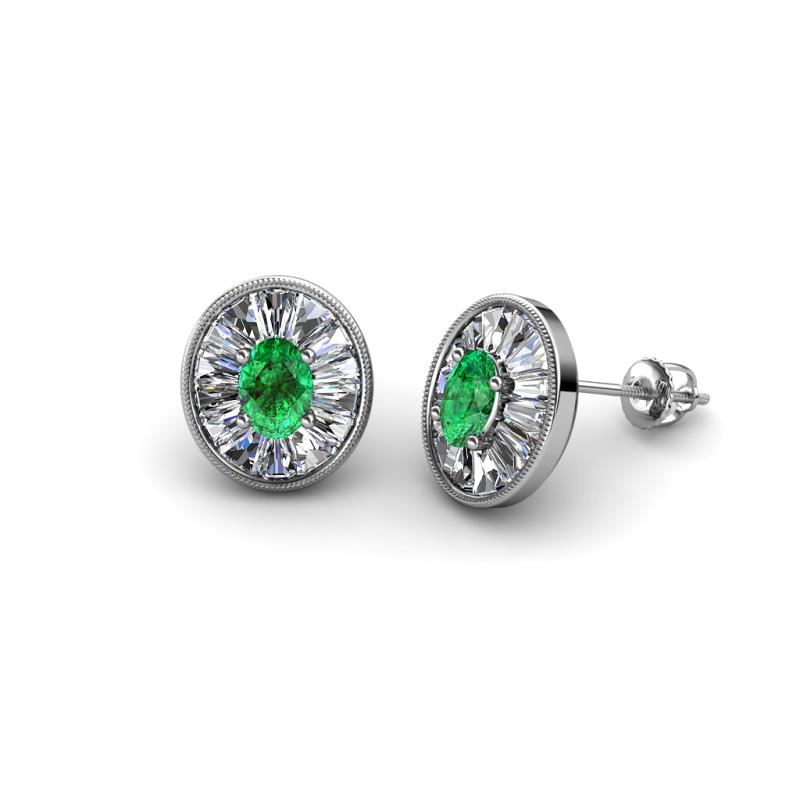 Dahlia Iris Oval Cut Emerald and Baguette Diamond Milgrain Halo Stud Earrings 