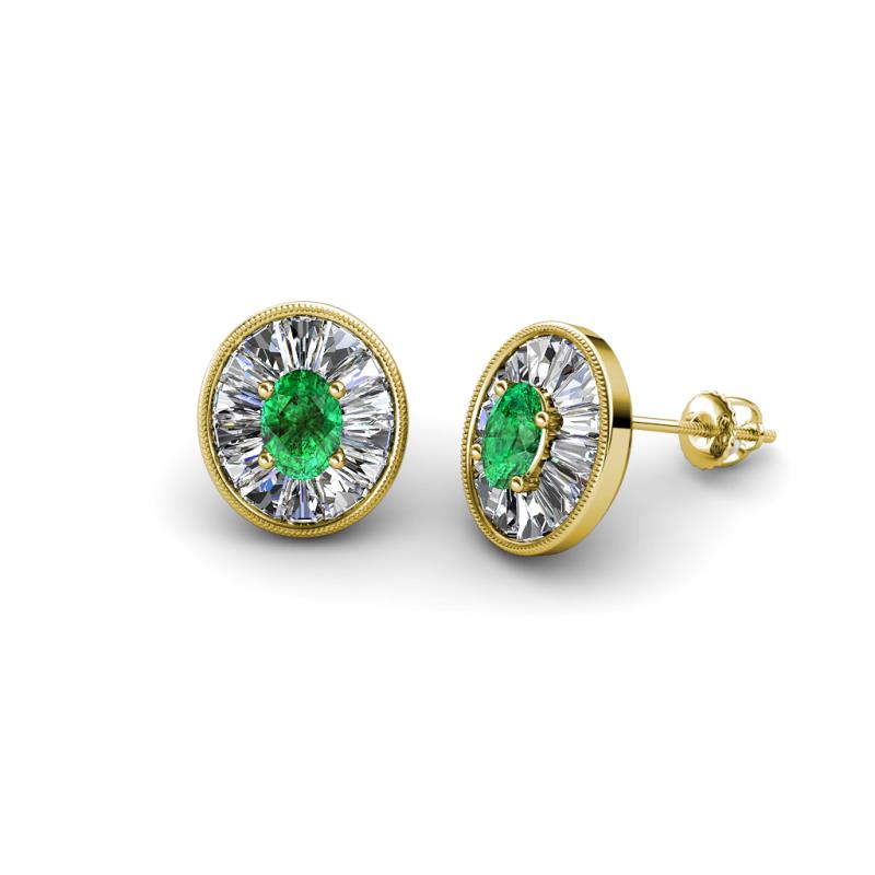 Dahlia Iris Oval Cut Emerald and Baguette Diamond Milgrain Halo Stud Earrings 