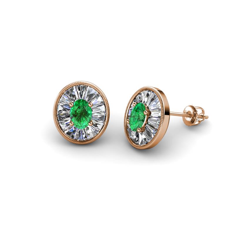 Dahlia Iris Oval Cut Emerald and Baguette Diamond Milgrain Halo Stud Earrings 