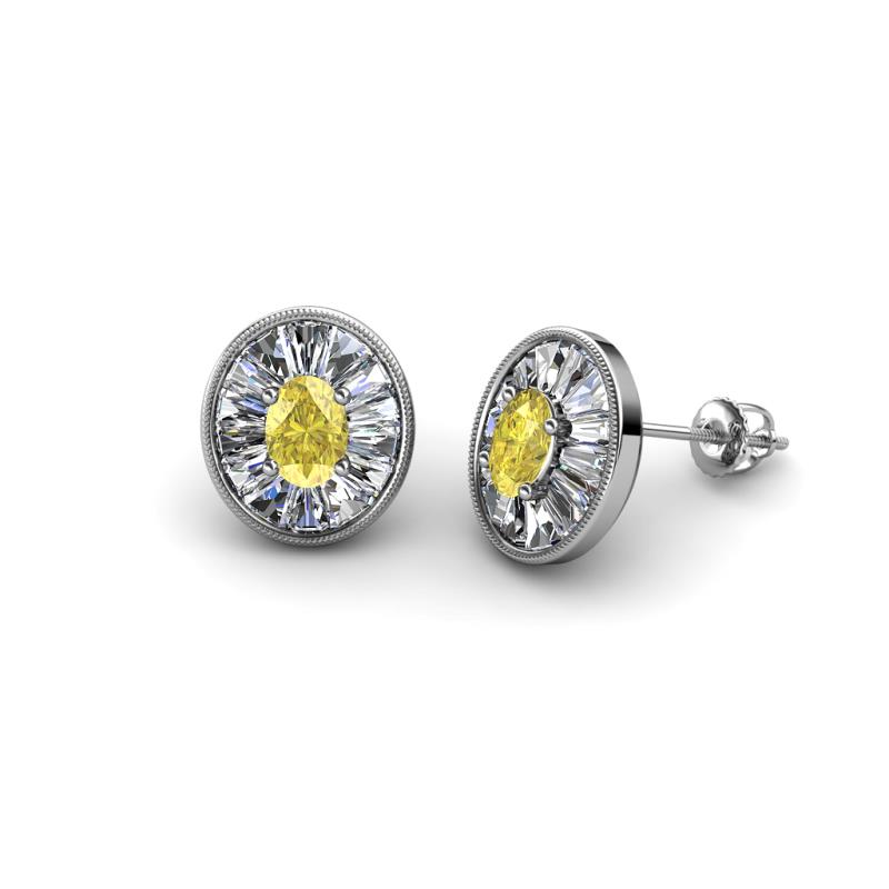Dahlia Iris Oval Cut Yellow Sapphire and Baguette Diamond Milgrain Halo Stud Earrings 