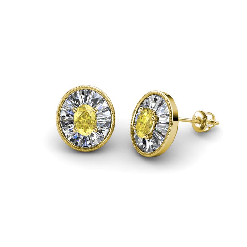 Dahlia Iris Oval Cut Yellow Sapphire and Baguette Diamond Milgrain Halo Stud Earrings 