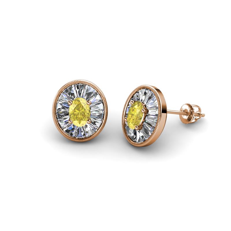 Dahlia Iris Oval Cut Yellow Sapphire and Baguette Diamond Milgrain Halo Stud Earrings 