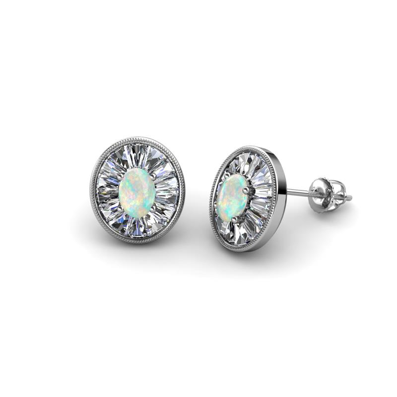 Dahlia Iris Oval Cut Opal and Baguette Diamond Milgrain Halo Stud Earrings 