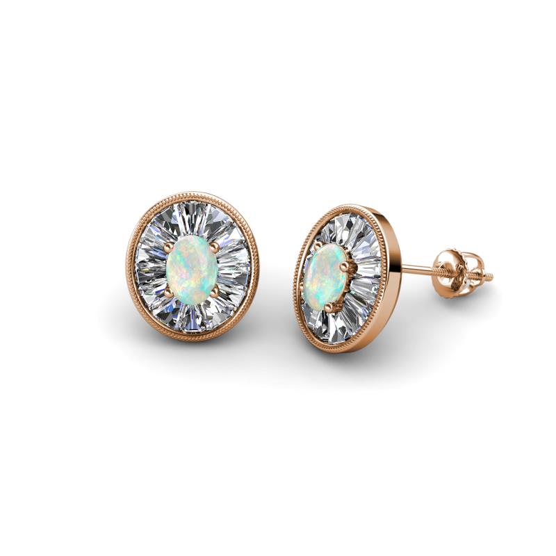 Dahlia Iris Oval Cut Opal and Baguette Diamond Milgrain Halo Stud Earrings 