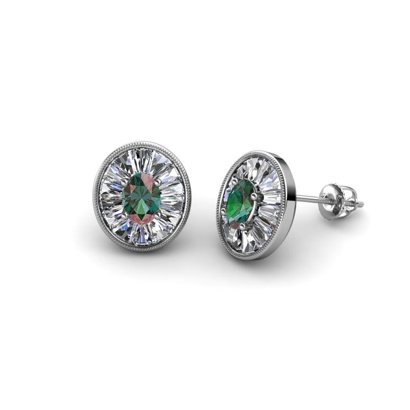 Dahlia Iris Oval Cut Created Alexandrite and Baguette Diamond Milgrain Halo Stud Earrings 