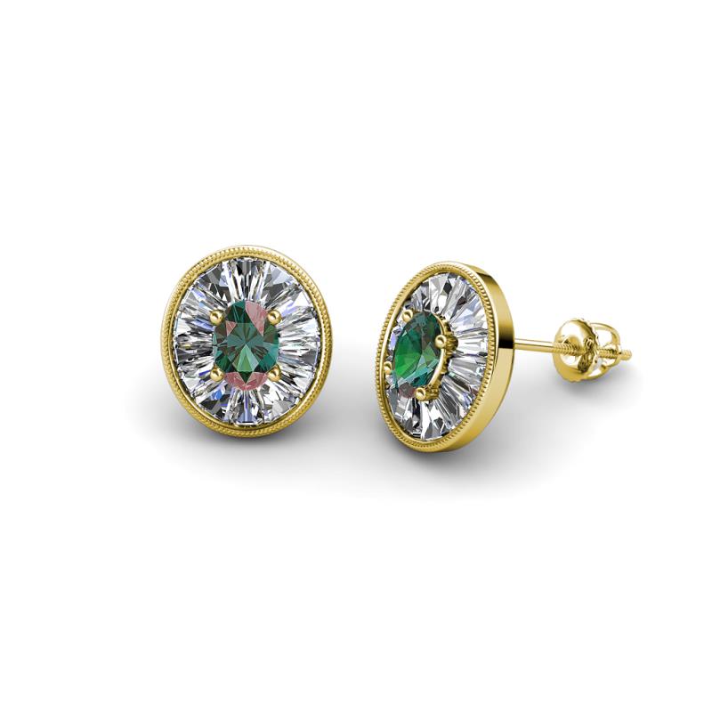 Dahlia Iris Oval Cut Created Alexandrite and Baguette Diamond Milgrain Halo Stud Earrings 
